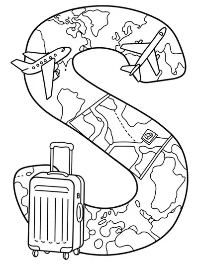 Travel themed Letter S coloring page with suitcase, airplane, and map outlines for teens.