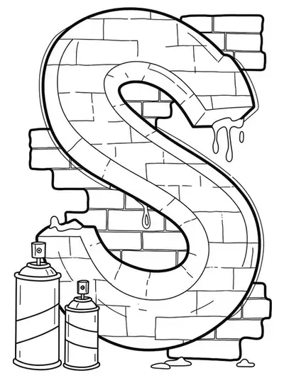 Easy urban graffiti style letter S coloring page for teens with spray cans and brick wall outlines.