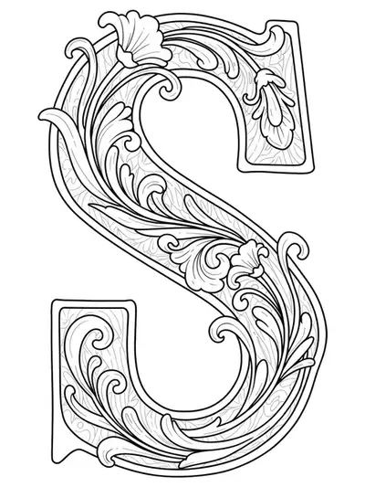 Letter S with Art Nouveau floral motifs, clean black and white medium-detail lines, for adult coloring.