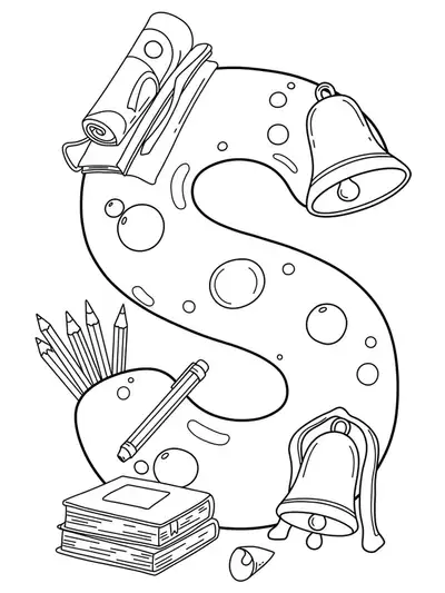 Large letter S with simple outlines of books, pencils, and a school bell around it.