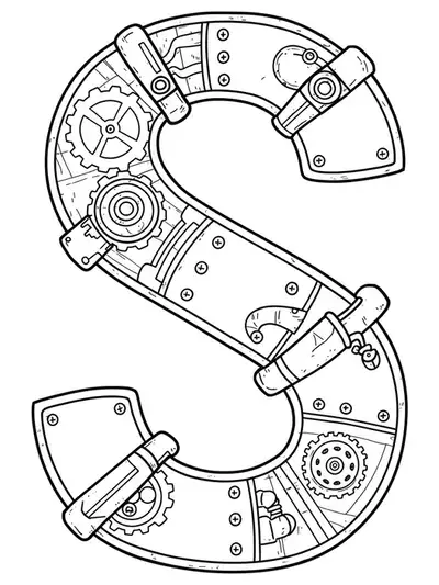 Letter S decorated with steampunk gears and pipes, black and white line art, medium complexity for adult coloring.