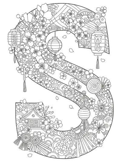 Letter S surrounded by sakura blossoms, lanterns, and Japanese festival elements for teens.