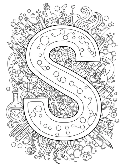 Science-themed letter S with detailed beakers, microscopes, and chemical swirls for hard coloring.