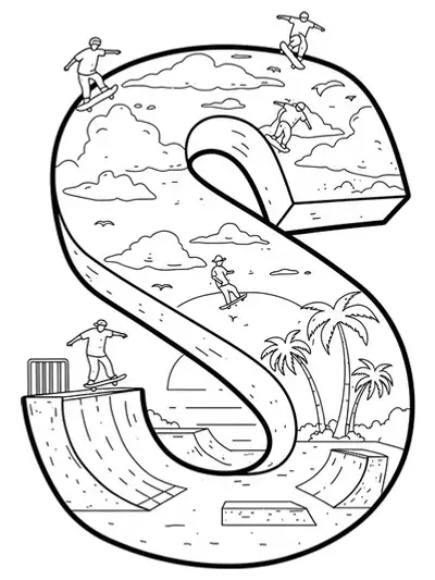 Letter S with skatepark ramps, palm trees, and sunset motifs for a teen coloring page.
