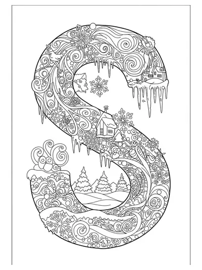 Letter S surrounded by complex snowflake and winter designs as a hard coloring page.