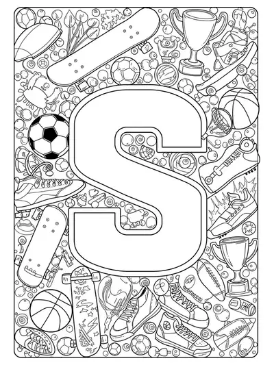 Letter S decorated with detailed sports gear like balls, sneakers, and skateboards for hard coloring.