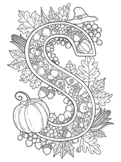 Letter S surrounded by pumpkins, acorns, corn, and autumn leaves in black and white medium-detail line art for adult coloring.