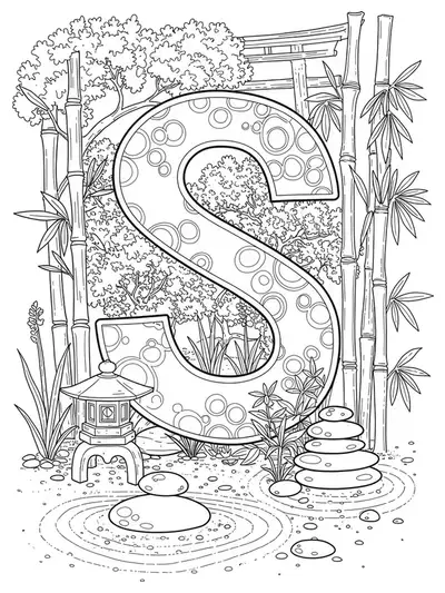 Letter S with sand patterns, stones, bamboo, and lanterns in black and white line art, medium detail for adult coloring.