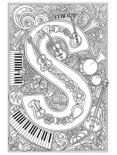 Letter S with a border of musical instruments like guitars, violins, and pianos, medium-detail black and white line art.