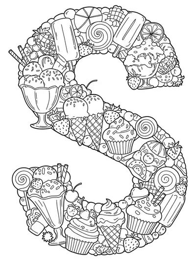 Letter S with detailed sweet foods like sundae, sprinkles, strawberries, and lollipops for hard coloring.