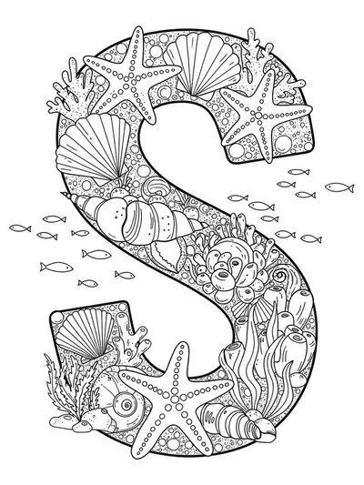 Intricately designed letter S with sea creatures, seashells, and seaweed for a hard coloring page.