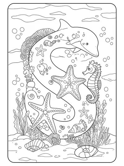 Printable coloring page of the letter S surrounded by sea creatures, shells, and underwater plants.