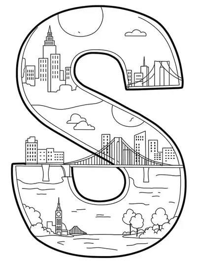 Letter S decorated with black and white urban cityscape silhouettes, buildings and skyline, for adult coloring.