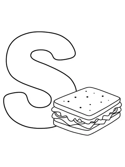 Large letter S with a basic sandwich illustration, easy food coloring page for preschoolers.