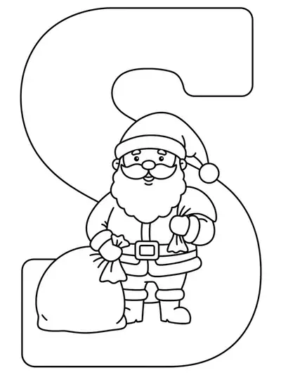 Big letter S with a jolly Santa Claus holding a gift bag, simple and easy coloring page.