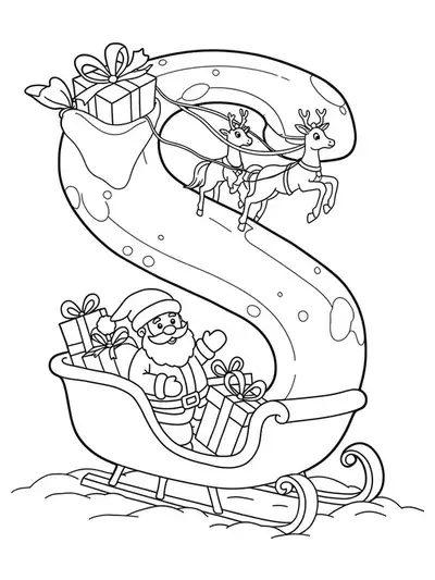 Coloring page with a large letter S, Santa's sleigh, and Christmas presents
