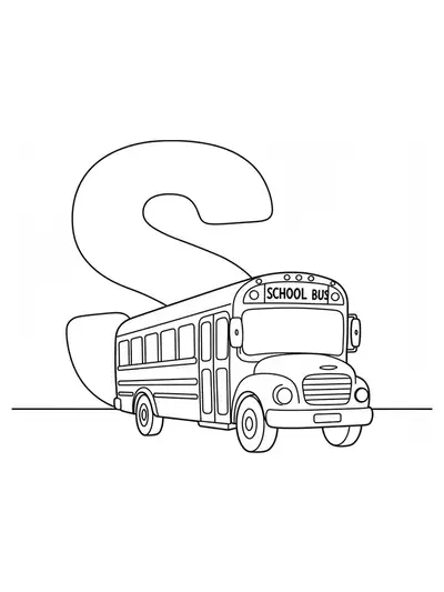 Large letter S with a simple school bus drawing, easy school-themed coloring page for preschoolers.