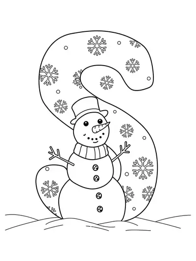 Large letter S with a smiling snowman and snowflakes, outlined for easy coloring.