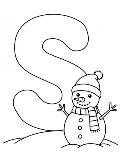 Large letter S with a simple snowman beside it, easy winter coloring page for preschoolers.