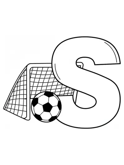Large letter S with a soccer ball and simple goal net, outlined for easy coloring.