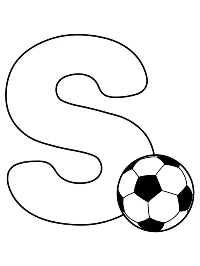 Large letter S with a simple soccer ball next to it, easy sports coloring page for preschoolers.