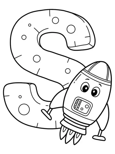 Large letter S with a basic spaceship drawing, easy outer space coloring page for preschoolers.