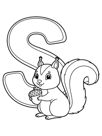 Large letter S with a simple squirrel holding an acorn, easy animal coloring page for preschoolers.