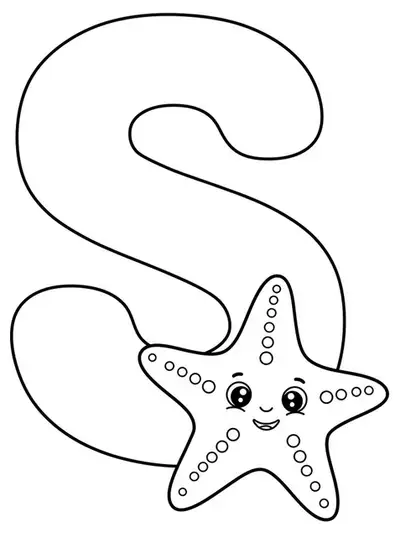 Large letter S with a smiling starfish beside it, easy ocean-themed coloring page for preschoolers.