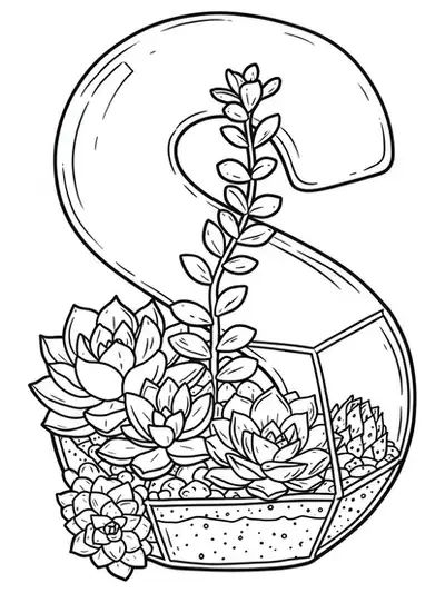Letter S surrounded by succulents and a terrarium, black and white medium-detail line art, for adult coloring.