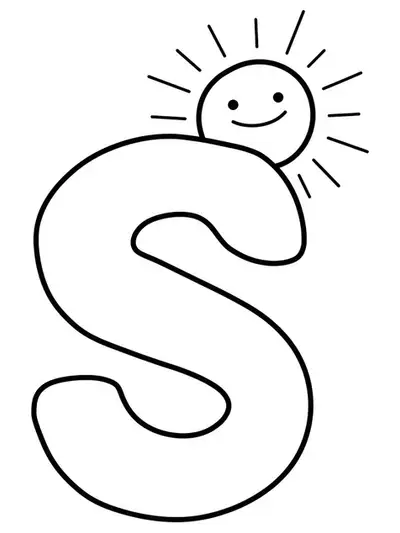 Large letter S with a smiling sun above it, simple summer nature coloring page for preschoolers.