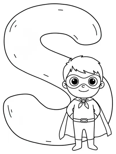 Big letter S with a friendly superhero kid wearing a cape, easy character coloring page for preschoolers.