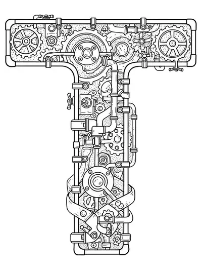 Elaborate Letter T surrounded by interlocking gears, pipes, and steampunk machinery, highly detailed hard coloring page for teens.