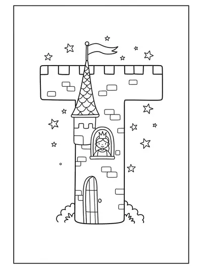 Letter T coloring page with a fairy tale tower, princess, and stars.