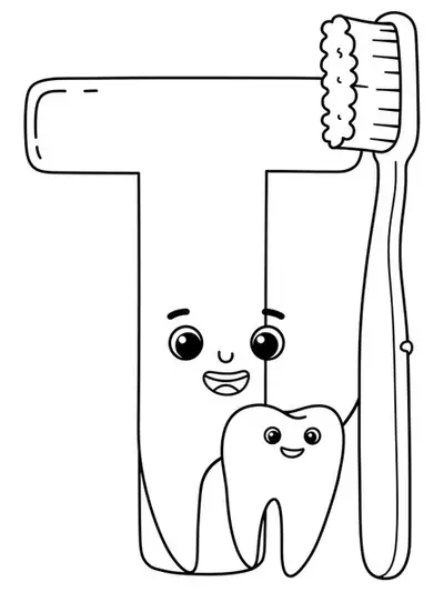 Coloring page with a large letter T, a simple toothbrush, and a smiling tooth for preschoolers.