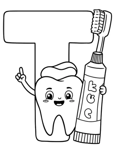 Letter T coloring page with tooth, toothbrush, and toothpaste.