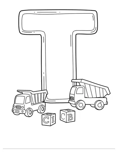 Letter T coloring page with toy trucks and blocks.