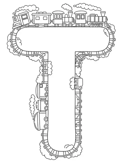 Letter T coloring page with cartoon trains and tracks.
