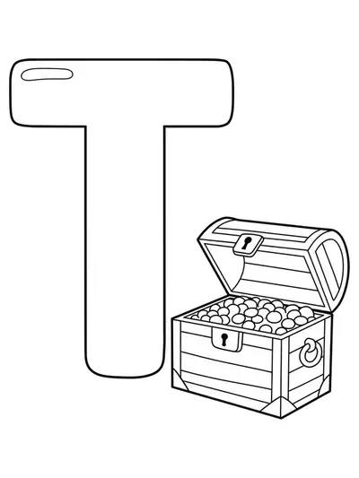 Coloring page with a big letter T and an open treasure chest, easy for preschool children.