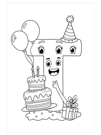 Big letter T with cartoon birthday cake, balloons, and party hat around it.