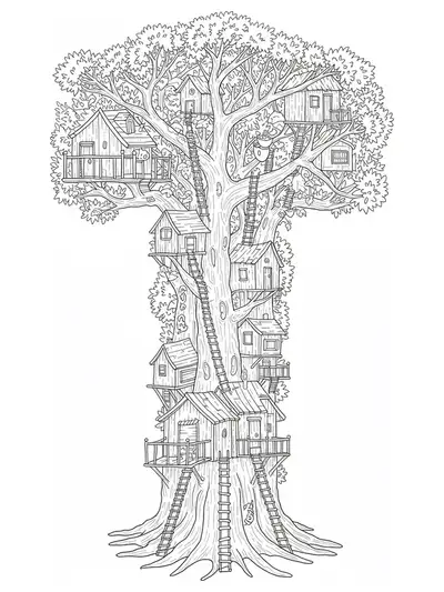 Letter T integrated into a complex treehouse skyline with multiple houses, stairs, and branches for adult colorists.