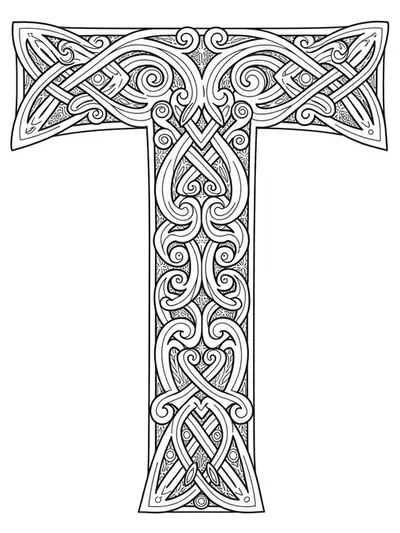 Letter T densely packed with complex and tangled Celtic knotwork, ideal for adult coloring.