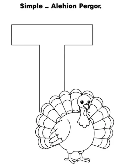 Easy coloring page with a large letter T and a simple cartoon turkey for preschoolers.