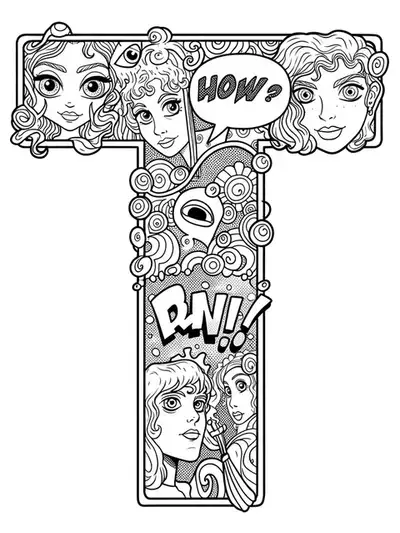 Complex Letter T surrounded by manga panels, expressive faces, speech bubbles, and comic action lines, hard coloring page for teens.