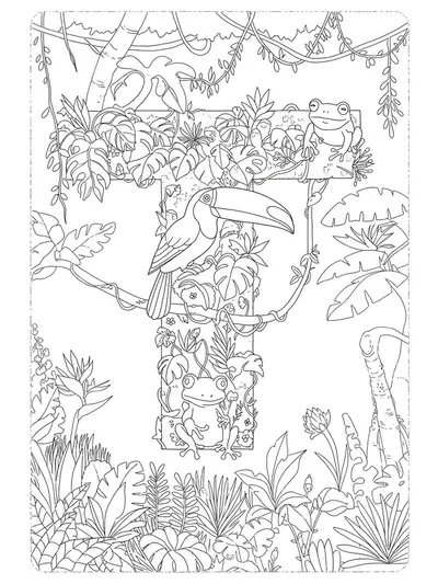 Letter T surrounded by tropical rainforest plants, toucans, and frogs, with complex details for preschool coloring.