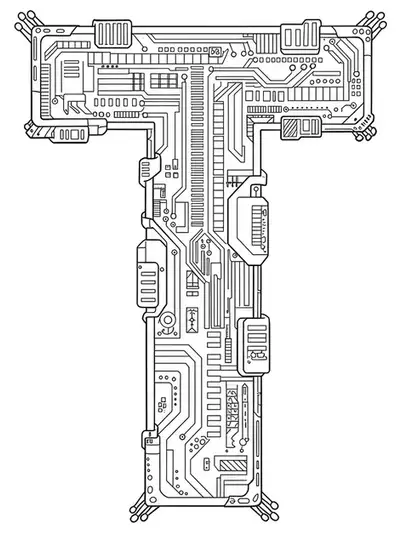 Detailed Letter T in a cyberpunk cityscape with neon skyscrapers, circuitry, and digital grid patterns, hard difficulty for teens.