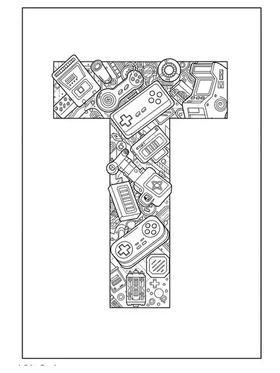 Complex Letter T design surrounded by pixel art, arcade symbols, and video game elements, hard coloring page for teens.