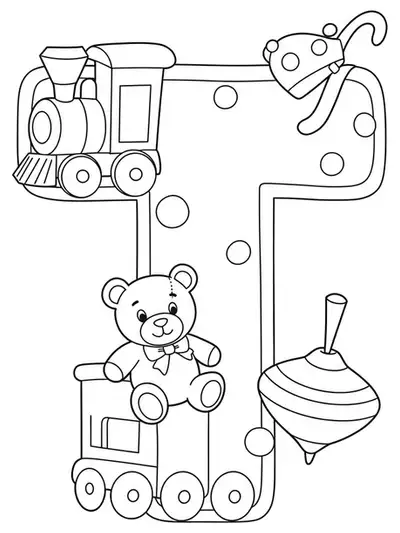 Large letter T with cartoon toy train, teddy bear, and spinning top around it.