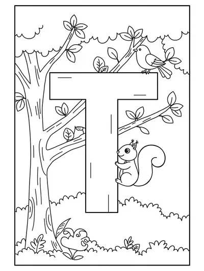 Letter T coloring page with tree branches, leaves, squirrel, and bird.