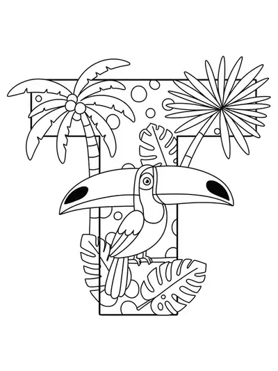 Large letter T with easy drawings of a toucan, trees, and tropical leaves.