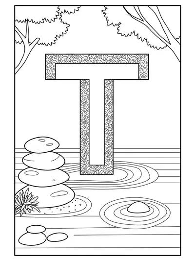 Letter T with easy zen garden elements like stones and sand patterns